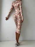 Distinctive Boat Neck Floral-Print Pleated Midi Dress