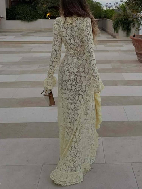 Aurohaya Ruffled Lace Front Slit Maxi Dress