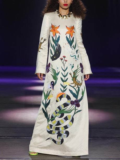 Aurohaya Modern Unique Floral Print Satin Slit Maxi Dress