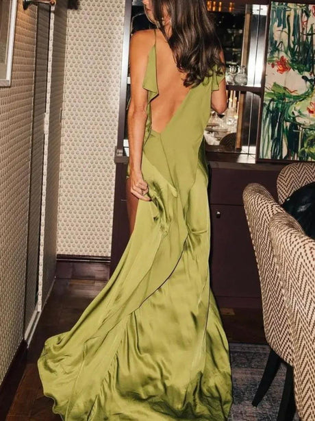 Aurohaya Elegant Satin Ruffled High Slit Maxi Dress