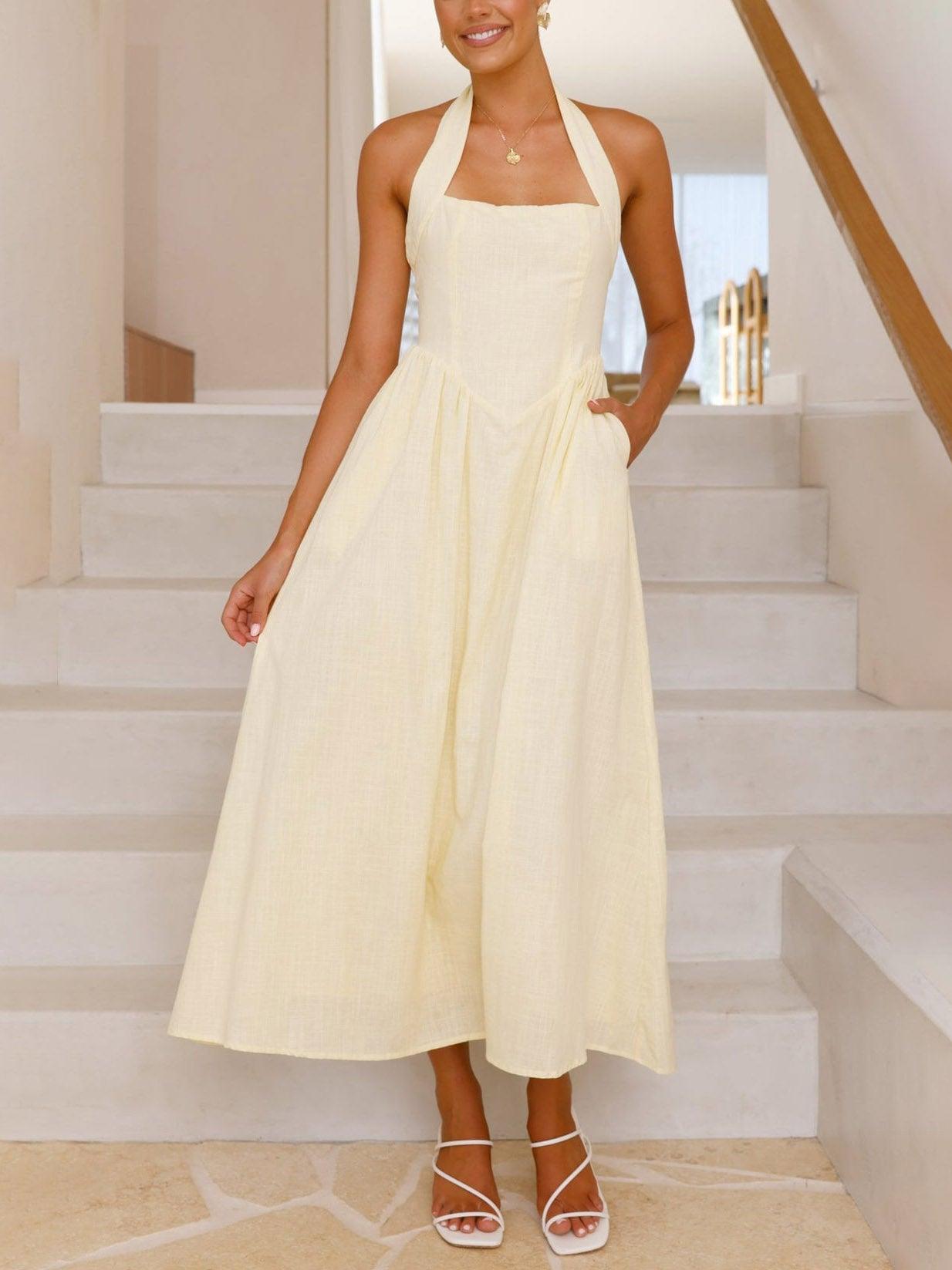 Aurohaya Halter Neck Waist Little Black Dress Mid Length Dress Yellow