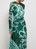 Aurohaya Unique Abstract Eye-catching Print Stretch Mesh Maxi Dress
