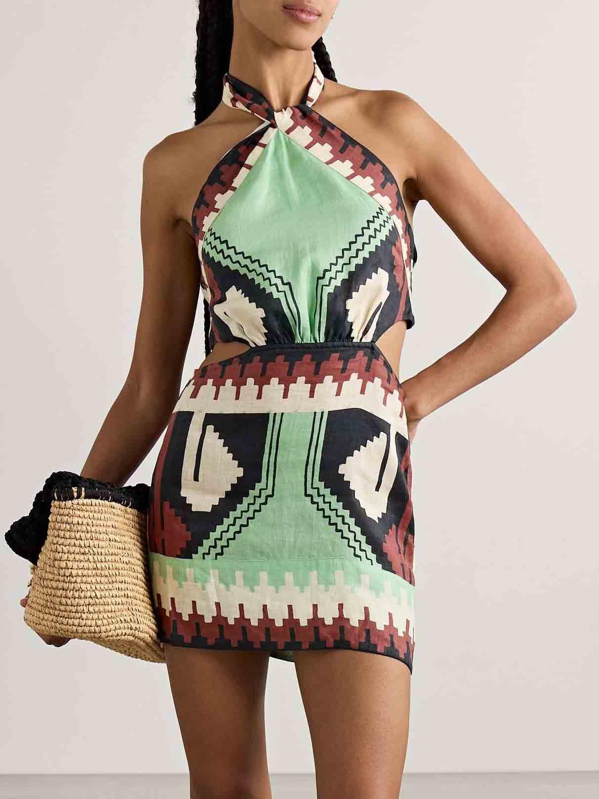 Aurohaya Unique Vintage Ethnic Print Backless Mini Dress Multicolor