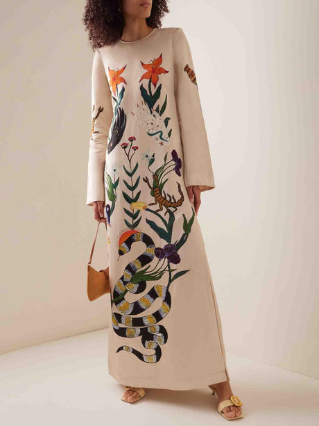 Aurohaya Modern Unique Floral Print Satin Slit Maxi Dress Cream