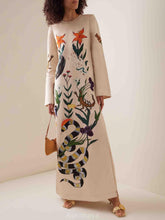 Aurohaya Modern Unique Floral Print Satin Slit Maxi Dress Cream