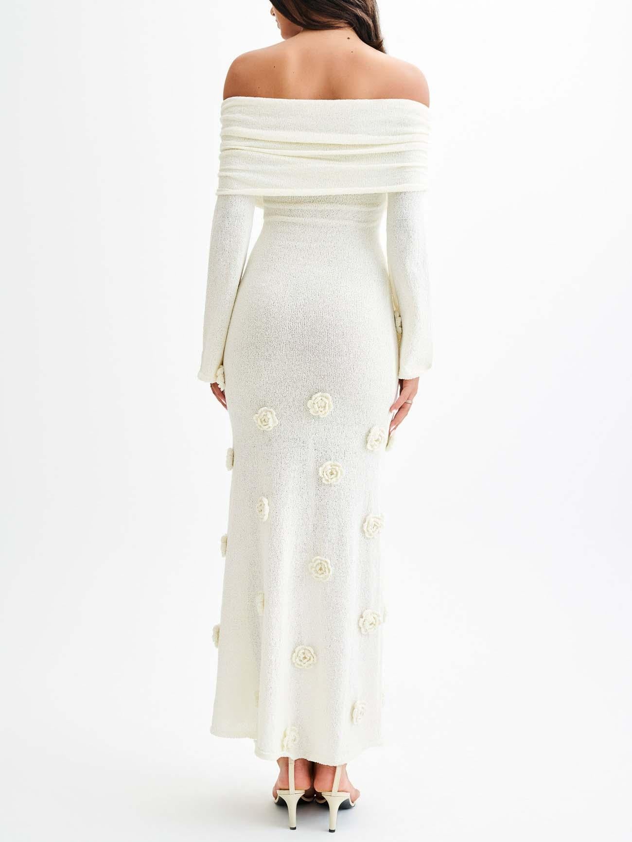 Aurohaya Elegant Off-shoulder Knitted Rose Maxi Dress