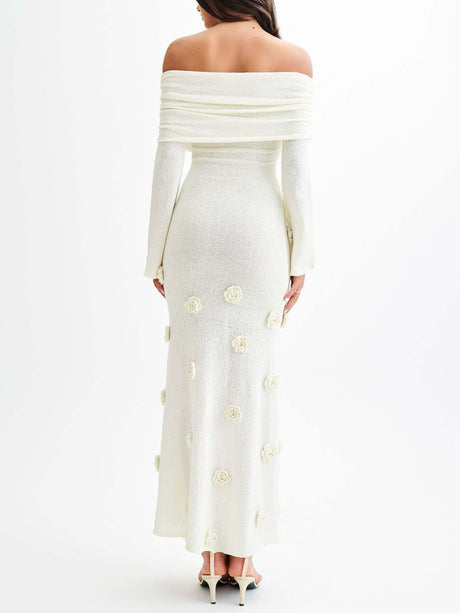 Aurohaya Elegant Off-shoulder Knitted Rose Maxi Dress