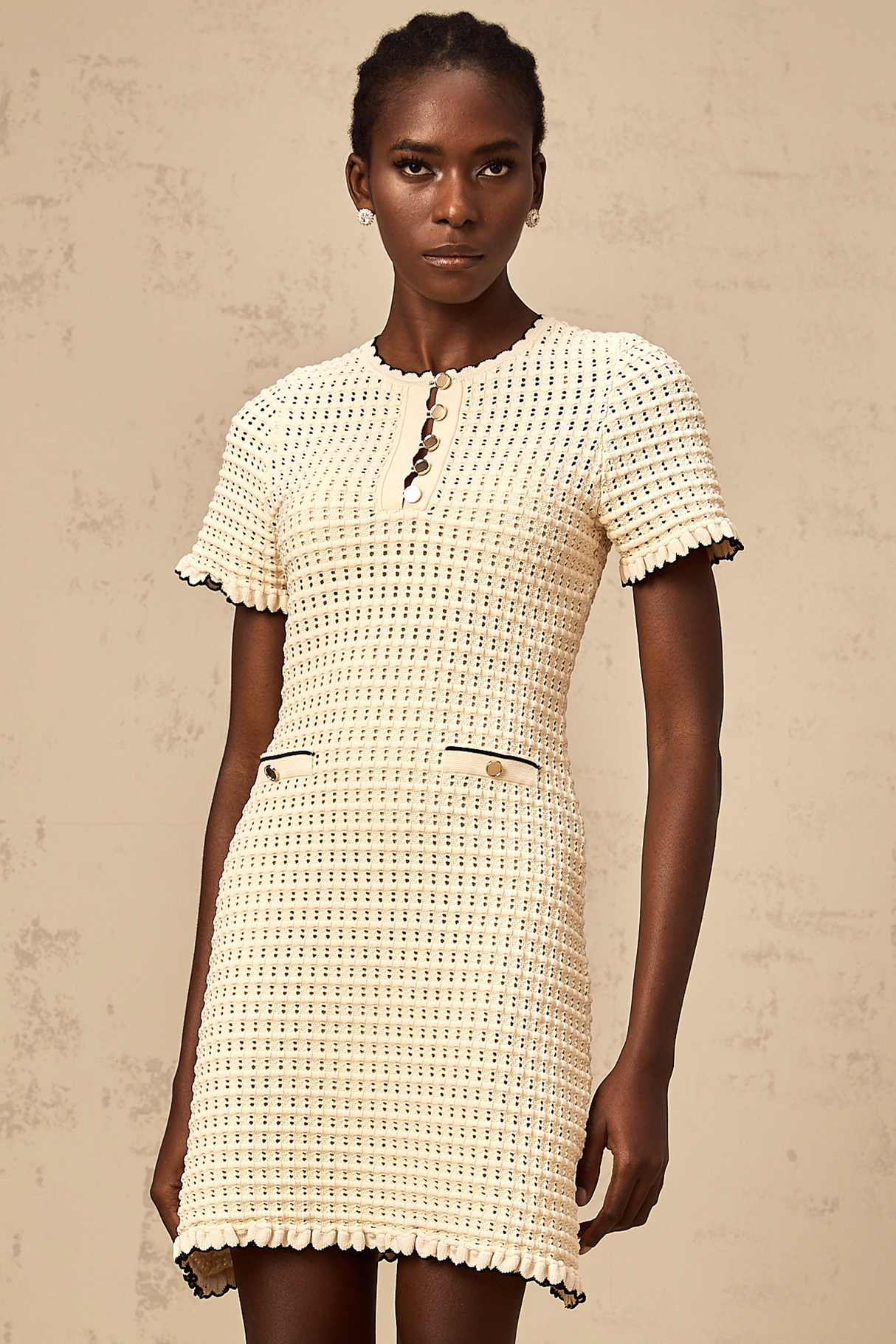 Aurohaya Victoire neutrals ruffled pointelle-knit mini dress