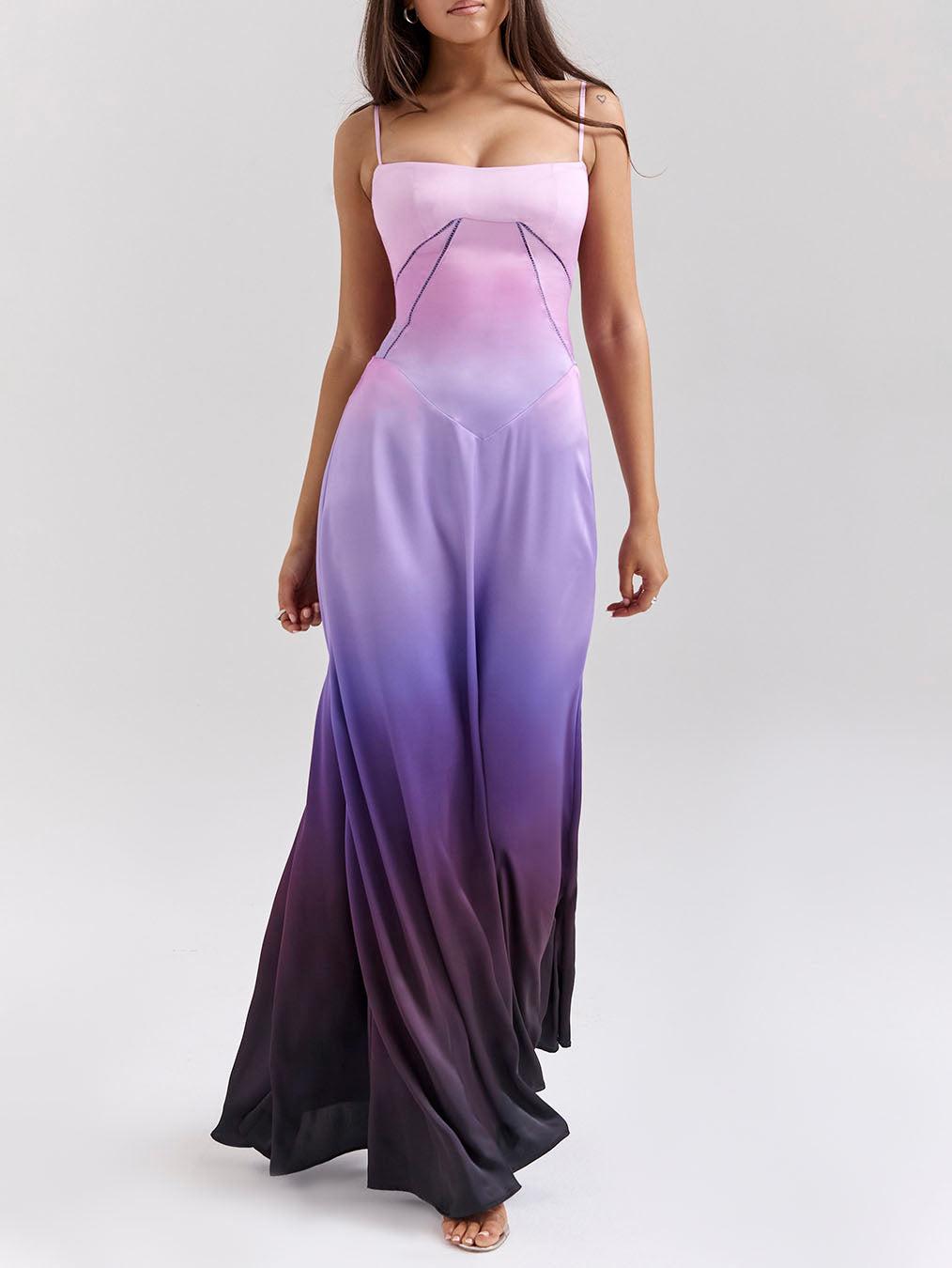 Aurohaya Unique Ombre Print Lace-Up Maxi Dress Purple