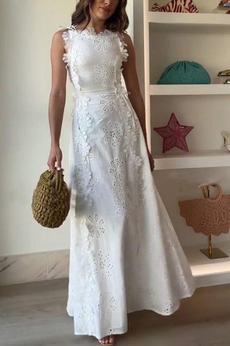 Aurohaya Delicate Lace Hook And Lace Up Sides Maxi Dress White