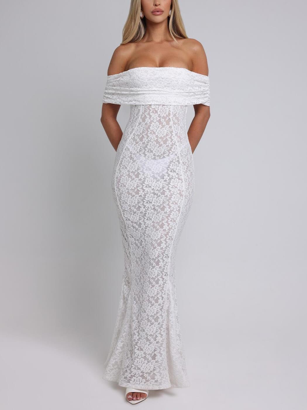 Aurohaya Elegant Sexy Floral Lace Fishtail Maxi Dress