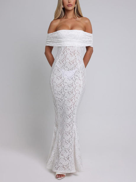 Aurohaya Elegant Sexy Floral Lace Fishtail Maxi Dress