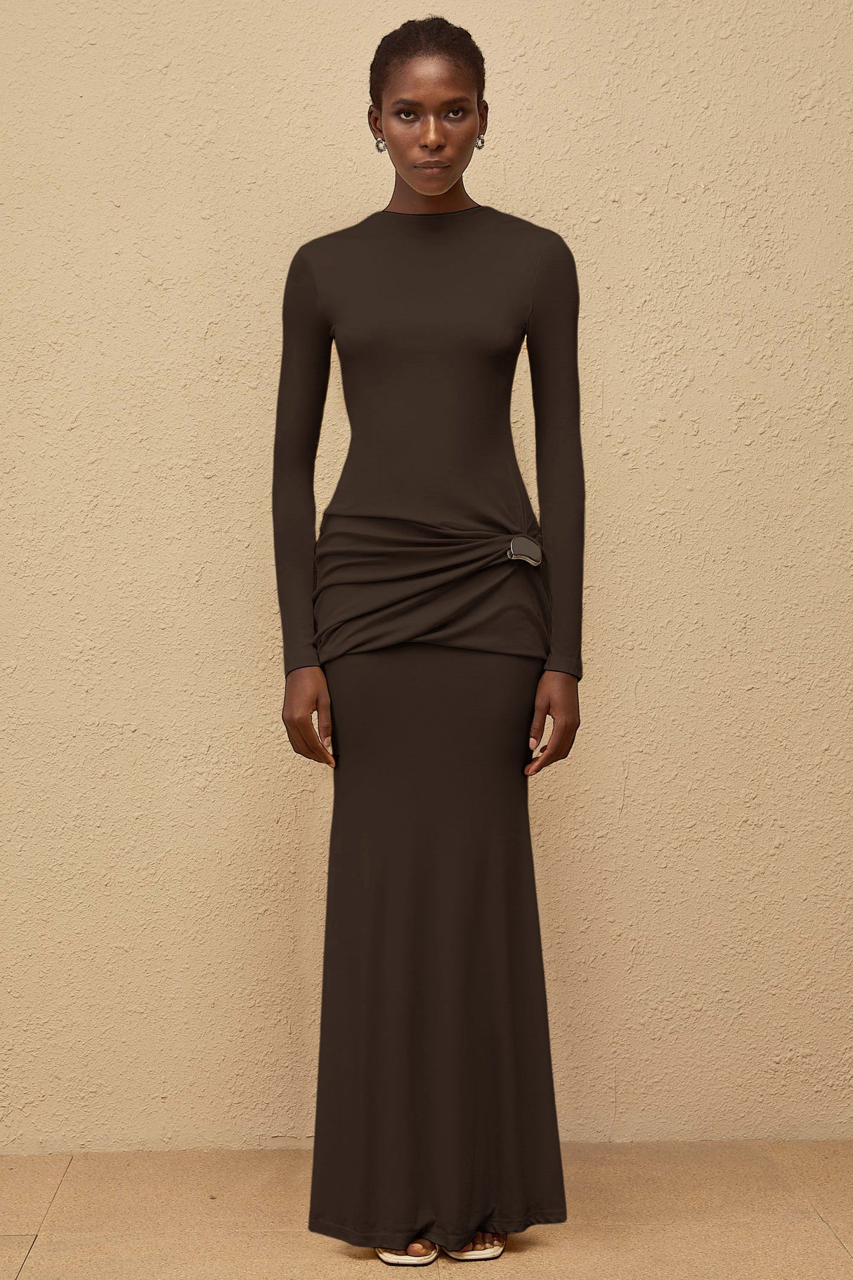 Aurohaya Nolwenn Brown Gathered Maxi Dress
