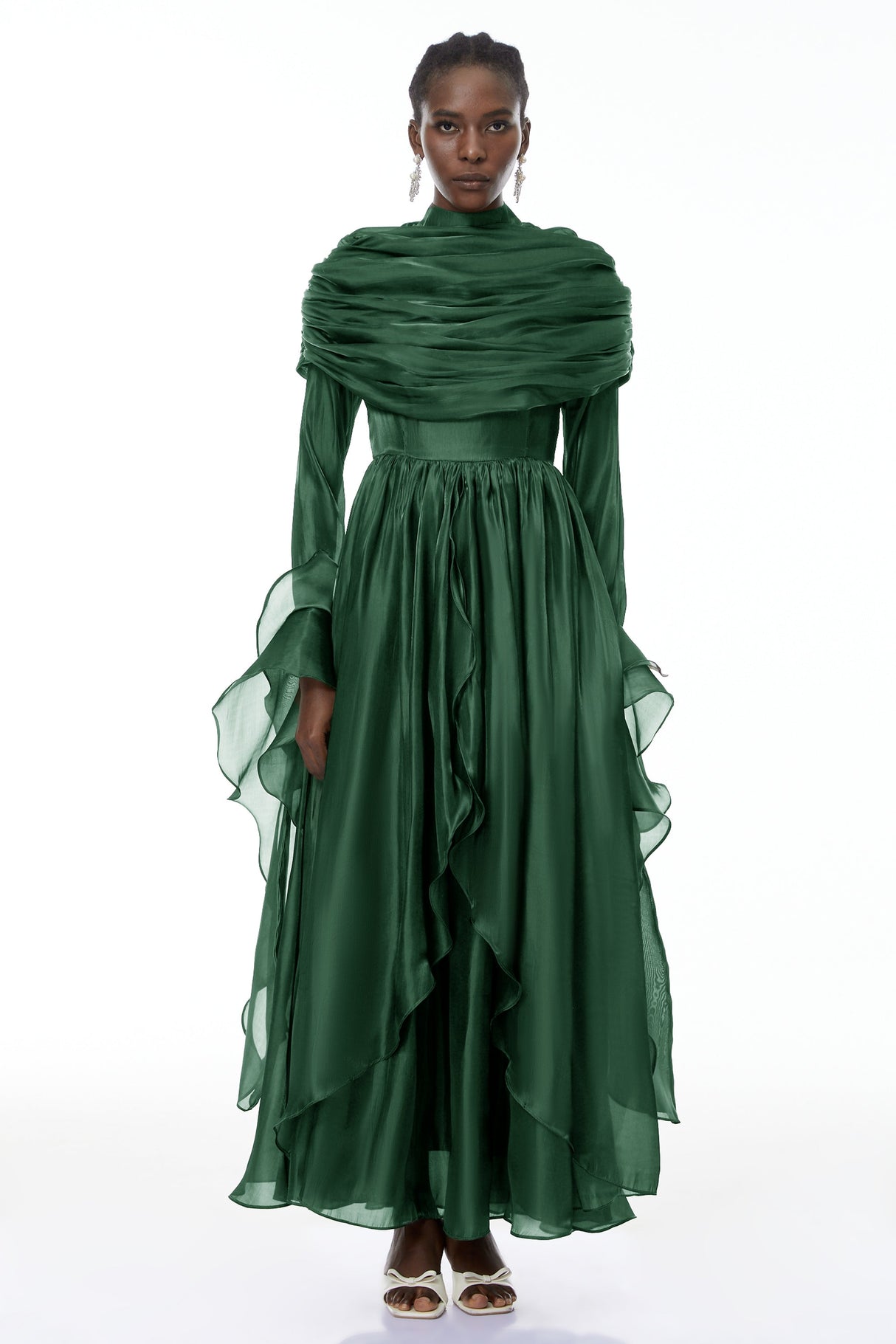 Aurohaya Gustave Green Ruched Cape Ruffled Maxi Dress