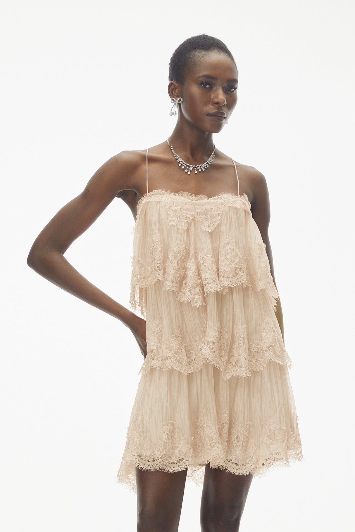 Aurohaya Rachel Beige Tiered Mini Dress with Lace Trim