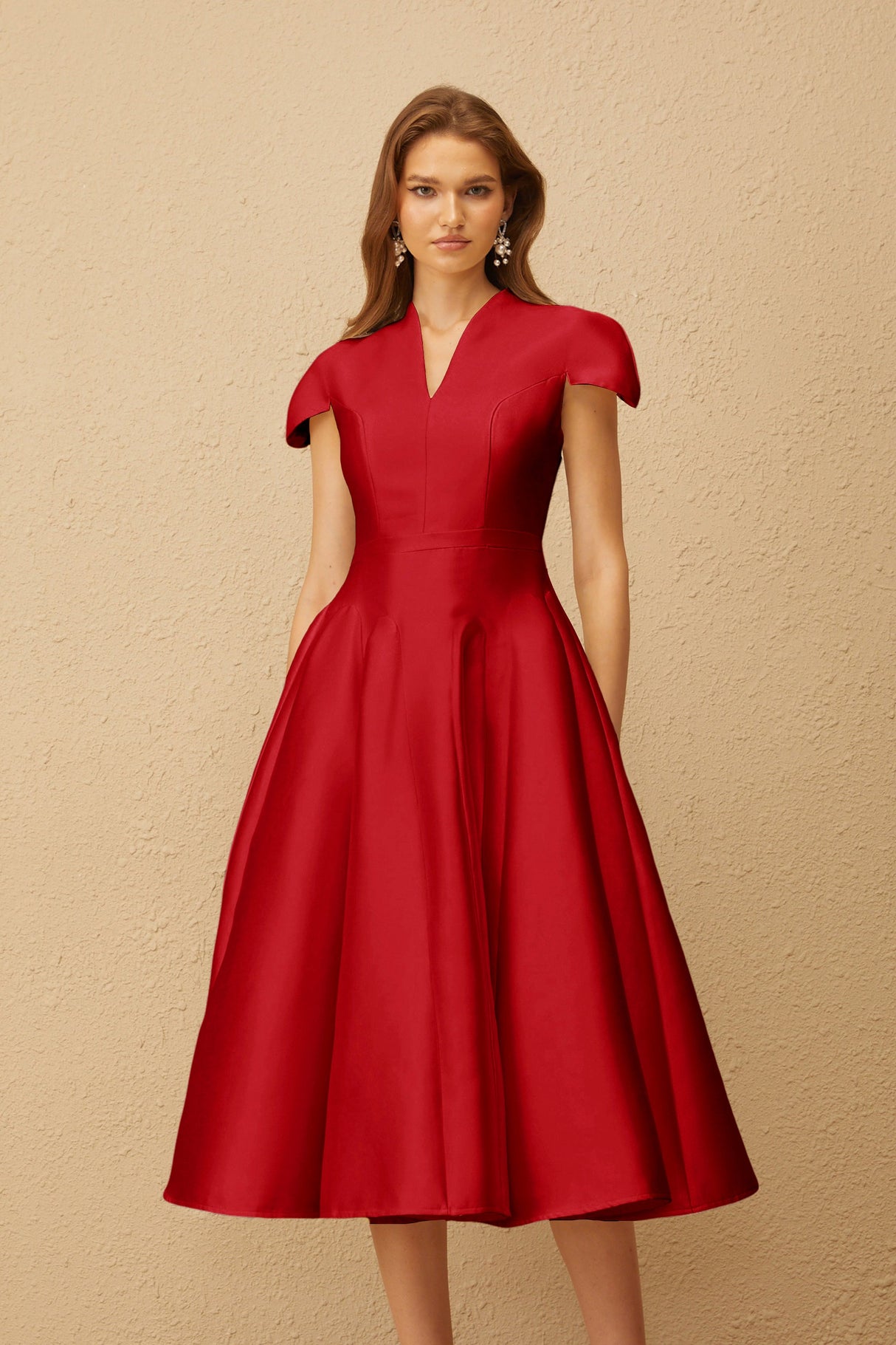 Aurohaya Aventin Red Godet Design Midi Dress