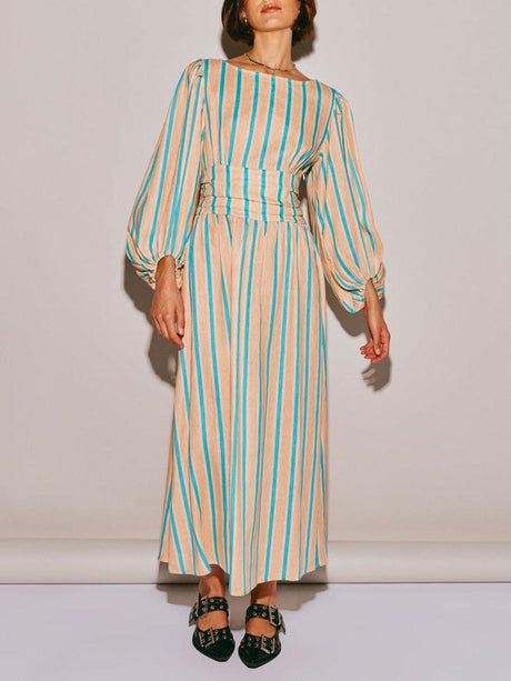 Aurohaya Striped Floral Print Sexy Backless Midi Dress Green