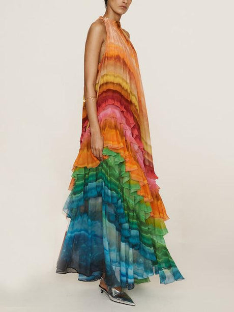 Aurohaya Unique Colorful Print Ruffle Maxi Dress