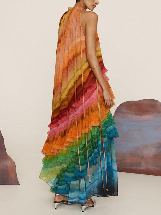 Aurohaya Unique Colorful Print Ruffle Maxi Dress