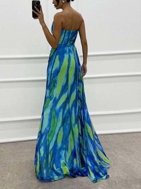 Aurohaya Elegant Painted Floral Print Feather Rose Maxi Dress