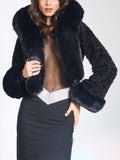 Faux Fur Hooded Cropped Coat With Rabbit Fur Collar