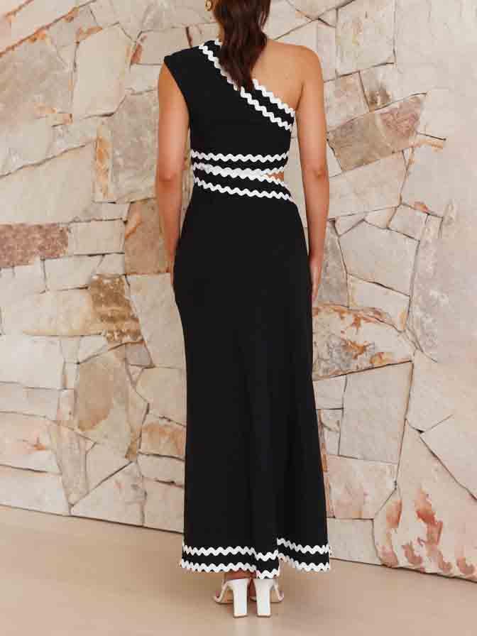 Aurohaya Elegant Slant Neck Lace-Pattern Midi Dress