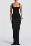 Aurohaya Corset Maxi Dress Square Neck - Boned Crepe Bodice & Cowl Skirt Black