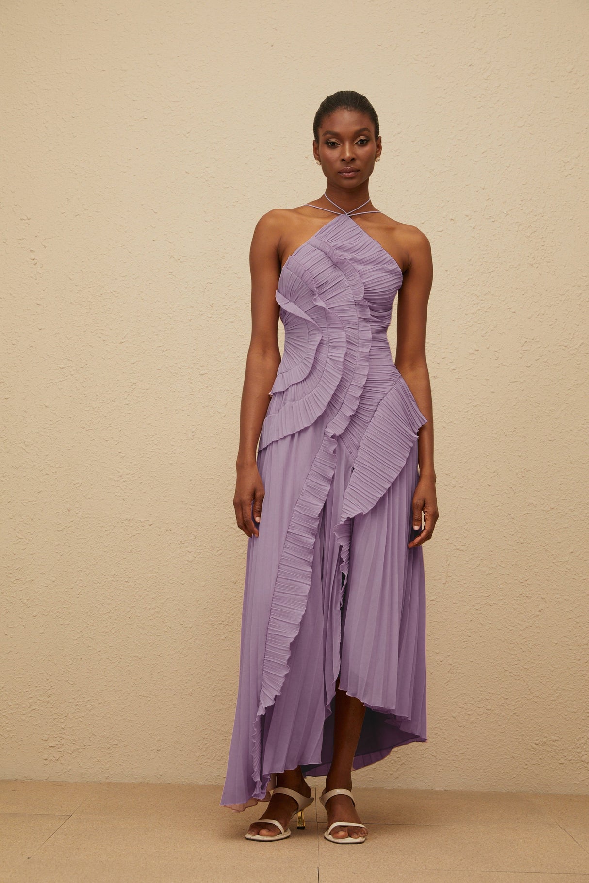 Aurohaya Doux Purple Ruffled Trim Pleated Midi Dress