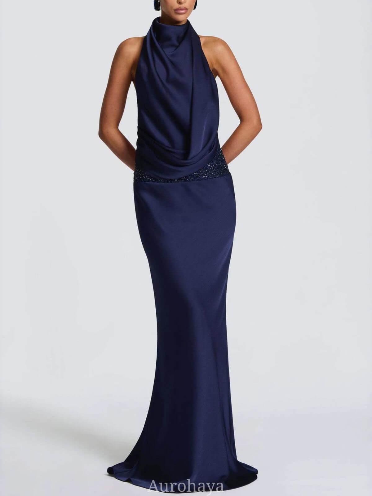 Aurohaya Camille Backless Sequin Satin Maxi Dress Drak Blue