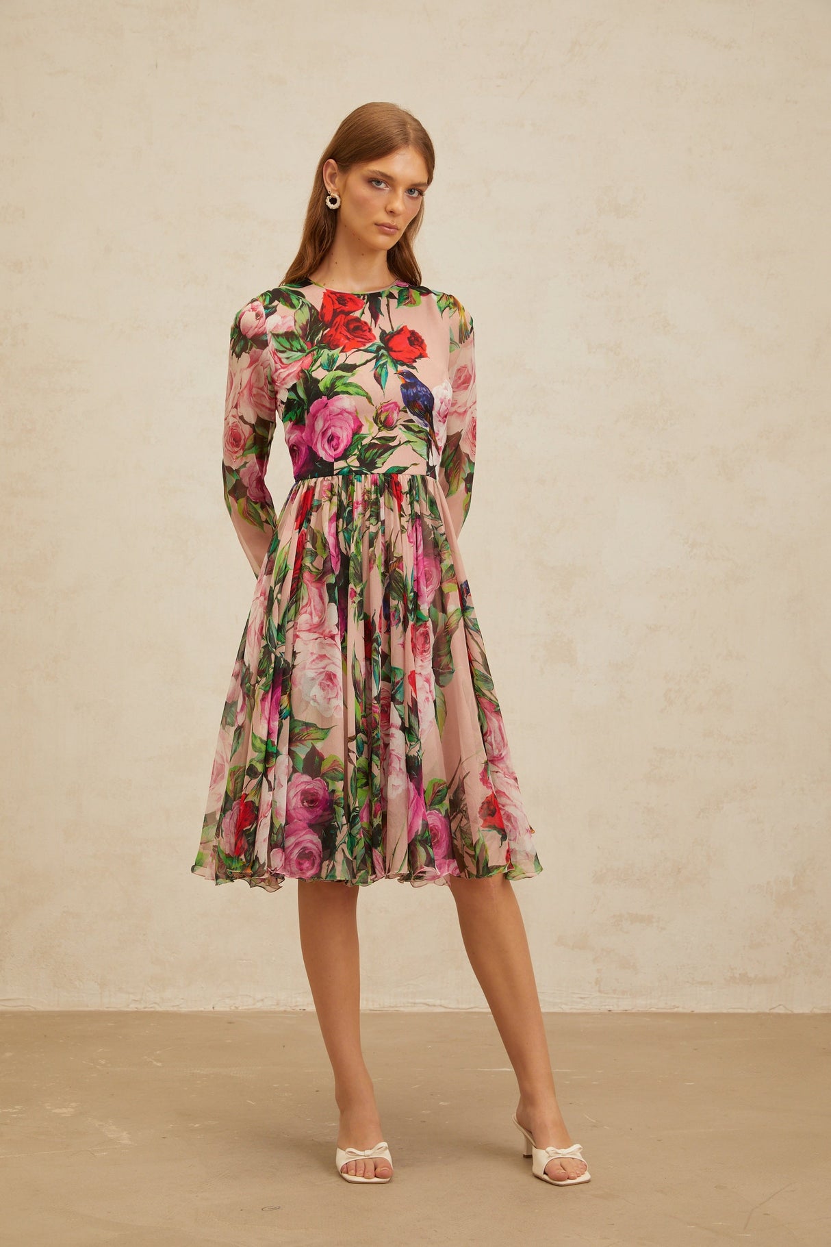 Aurohaya Coralie Pink Rose Print Summer Silk Midi Dress