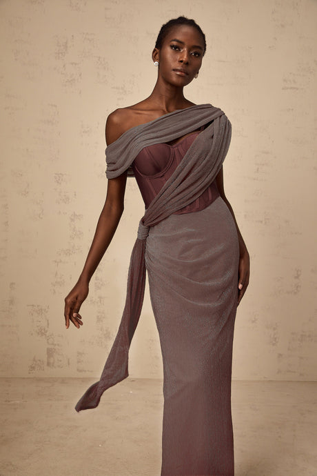 Aurohaya Delphine ribbon-design corset maxi dress in Brown