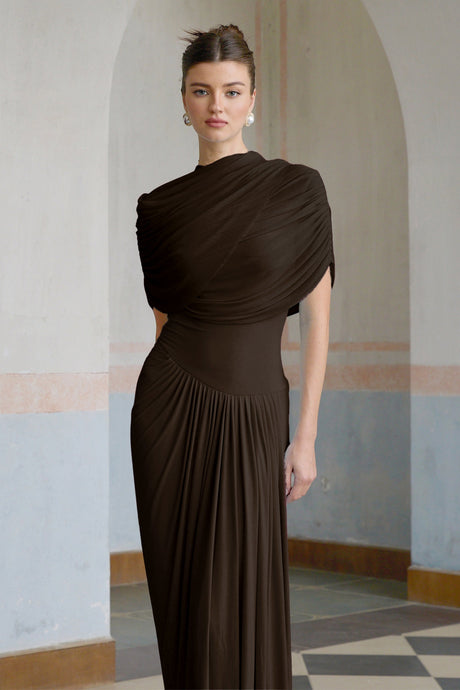 Aurohaya Catherine asymmetrical pleated maxi dress in Brown