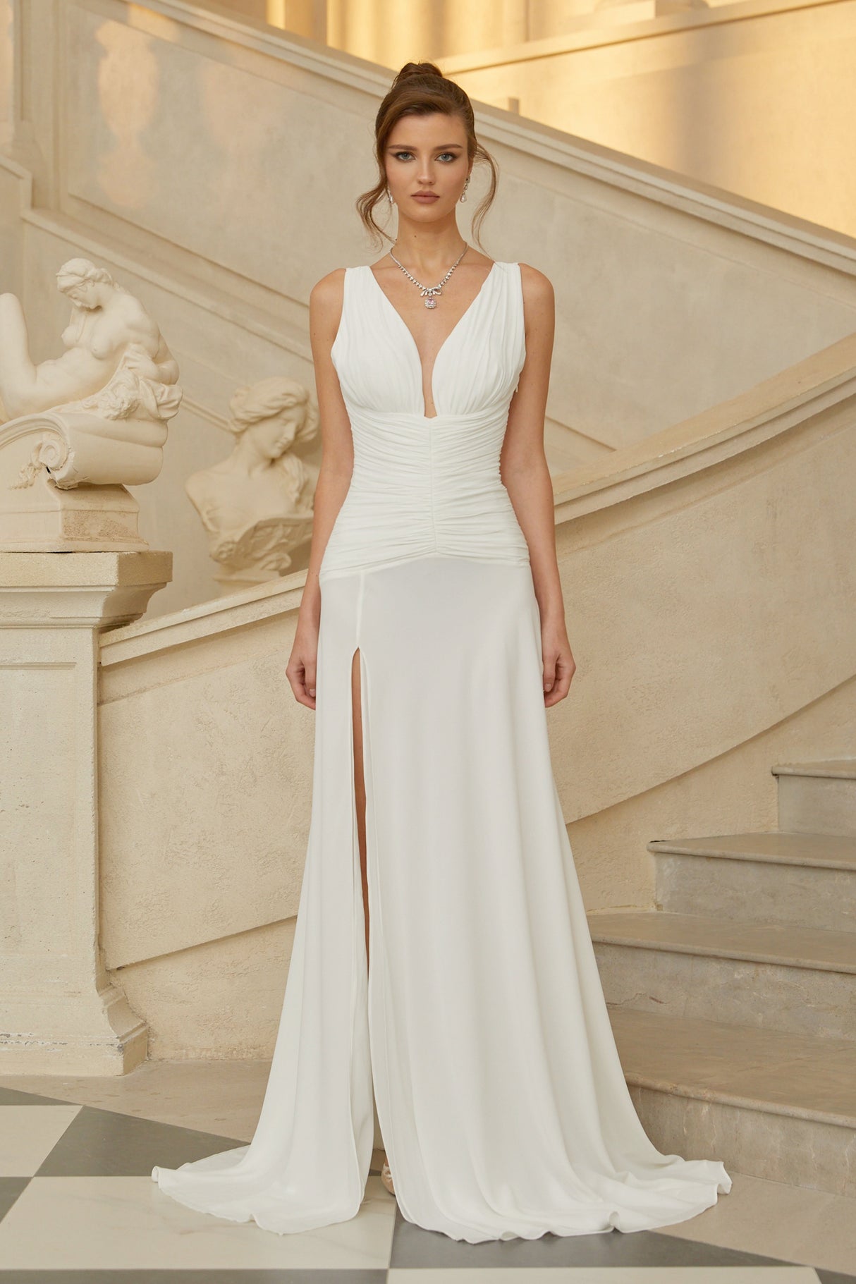 Aurohaya Sidonie White Ruched Lace-up Maxi Dress