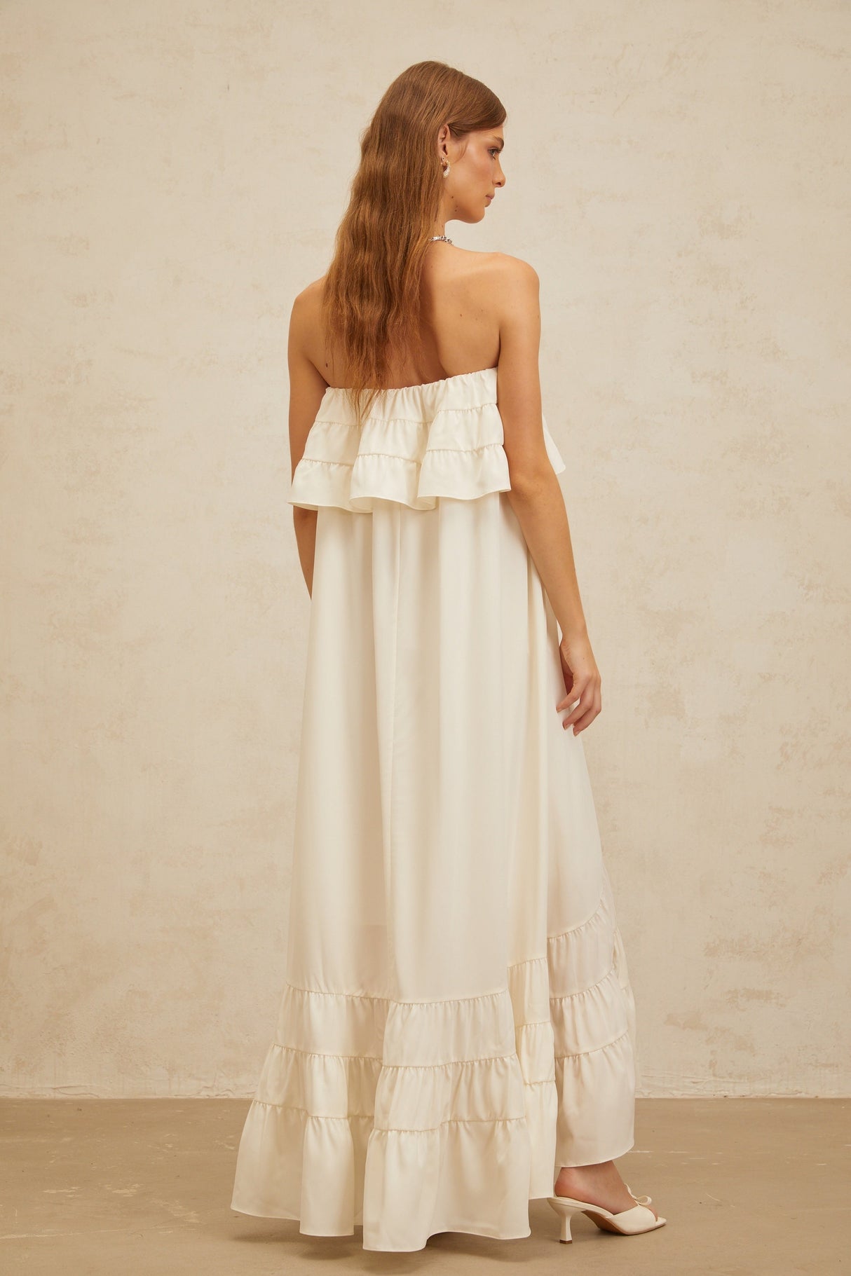 Aurohaya Bénédicte White Vibrant Off Shoulder Shirred Maxi Dress