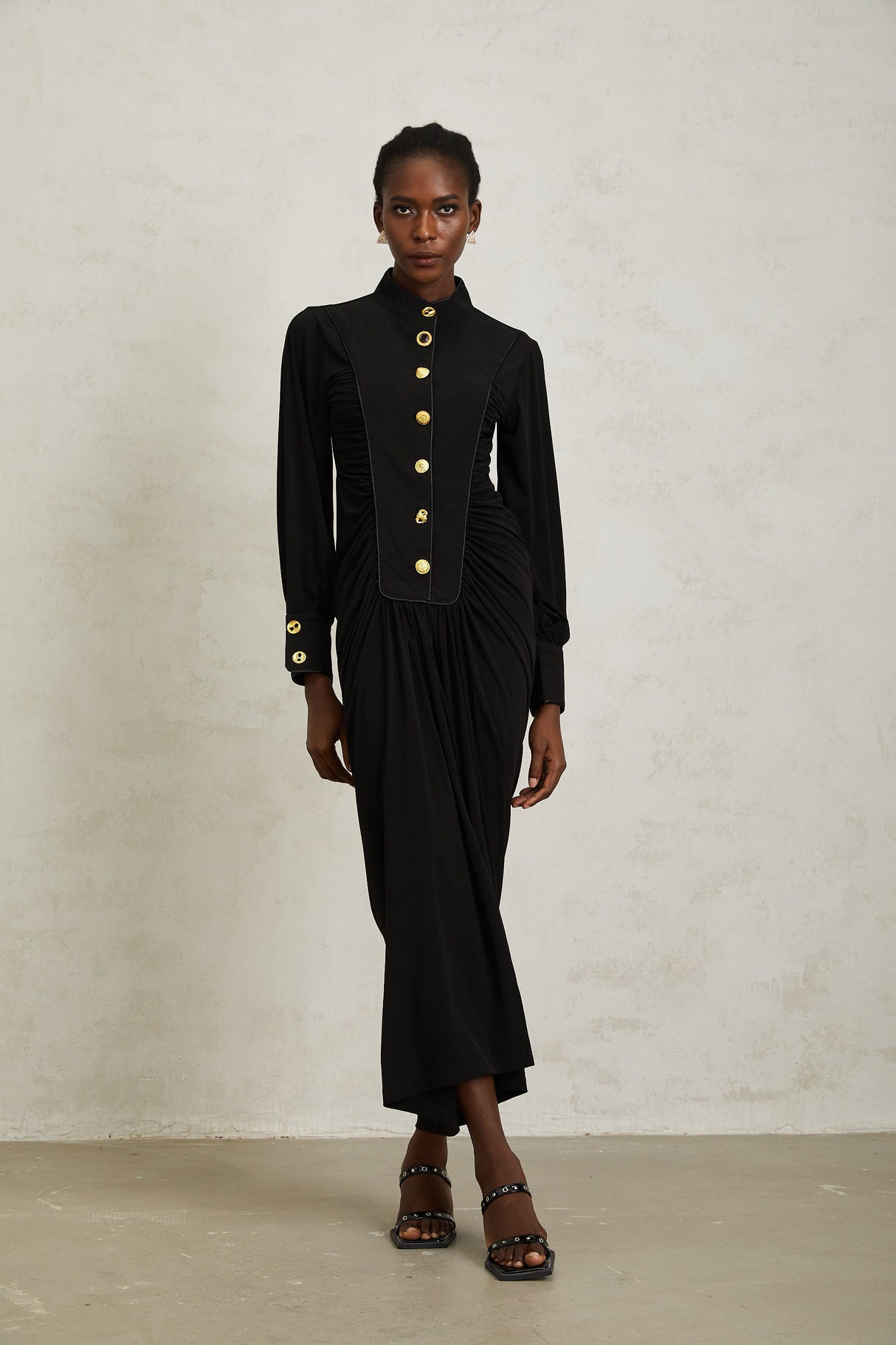 Aurohaya Brooklyn Black Gathered Draped Maxi Dress