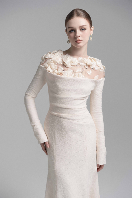 Aurohaya Silvia White Floral Appliqué Off-Shoulder Gown