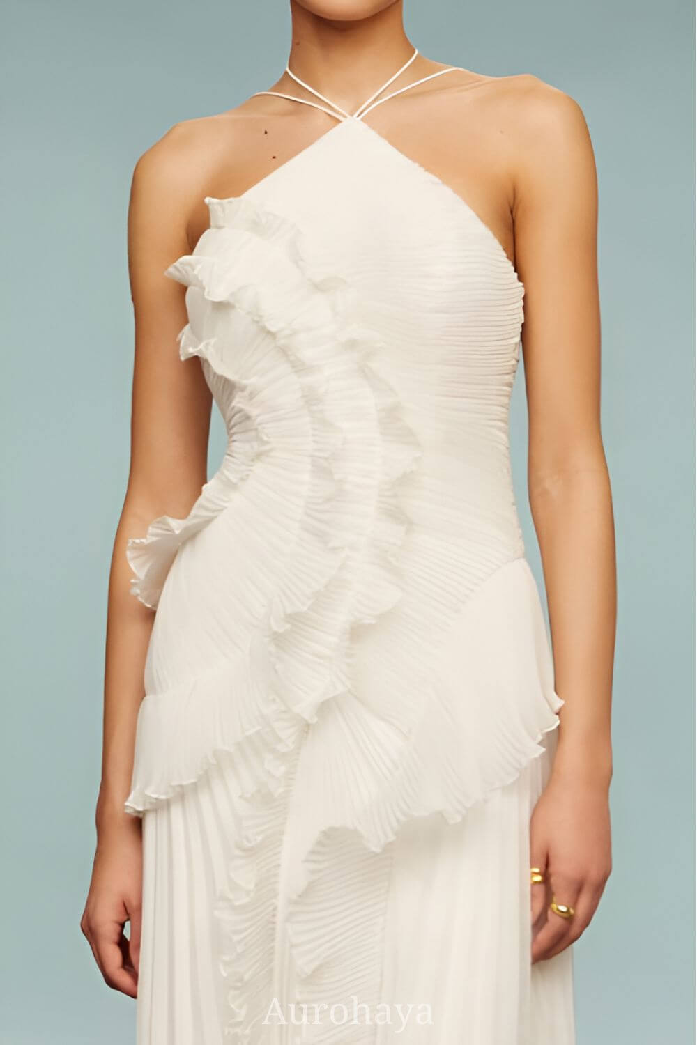 Aurohaya Véronique Ruffle Halter-Neck Pleated Maxi Dress