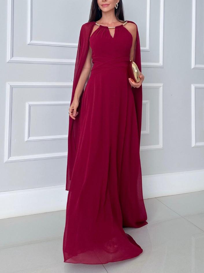 Aurohaya Elegant Cape Sleeve Slit Long Party Maxi Dress Red