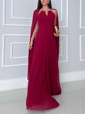 Aurohaya Elegant Cape Sleeve Slit Long Party Maxi Dress Red