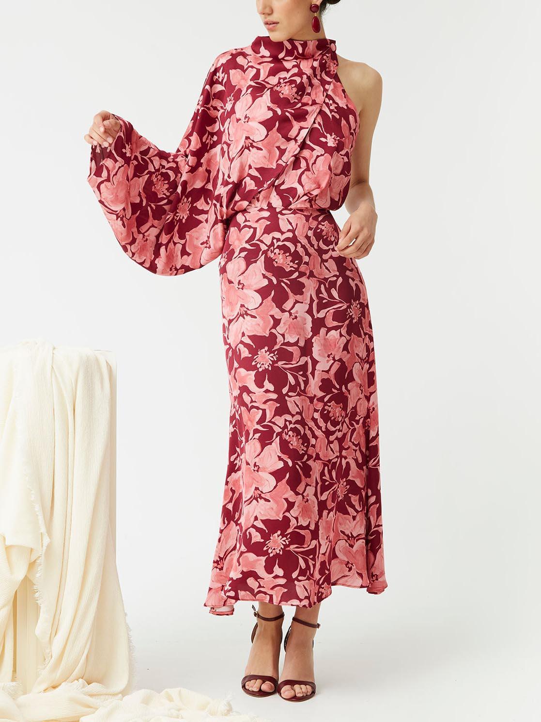 Aurohaya Elegant Painted Floral Print Midi Dress Red