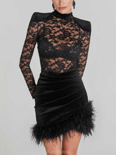 Aurohaya Elegant Lace Sheer Hip Mini Dress Black