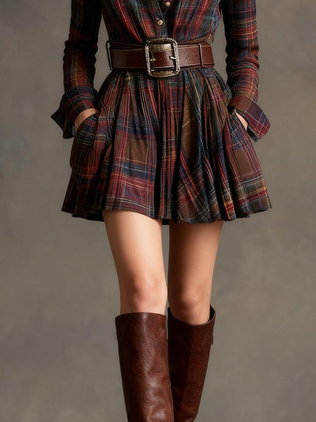 Aurohaya Vintage Lapel Red and Brown Plaid Mini Dress