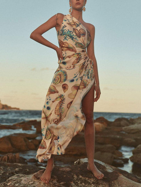 Aurohaya Exquisite Shell Print Side Slit Maxi Dress