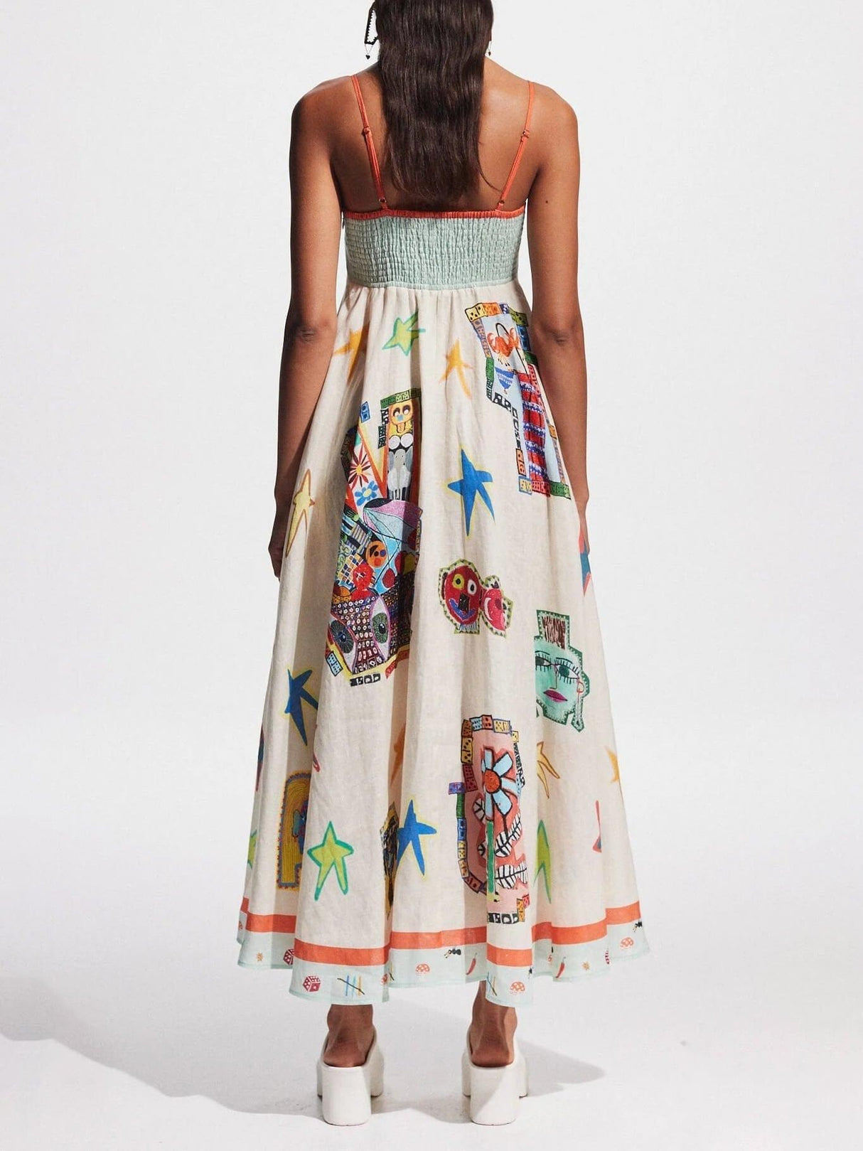 Aurohaya Unique Graffiti Print Suspenders Long Swing Midi Dress