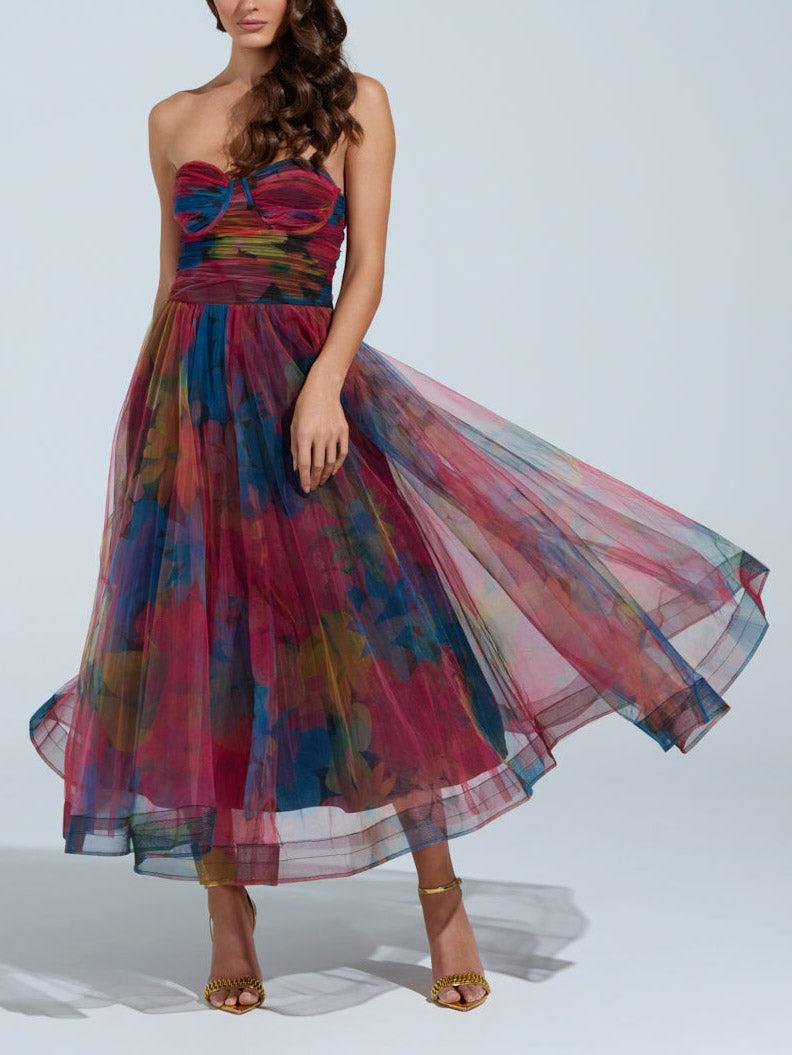 Aurohaya Elegant Fantasy Tulle Floral Print Midi Dress