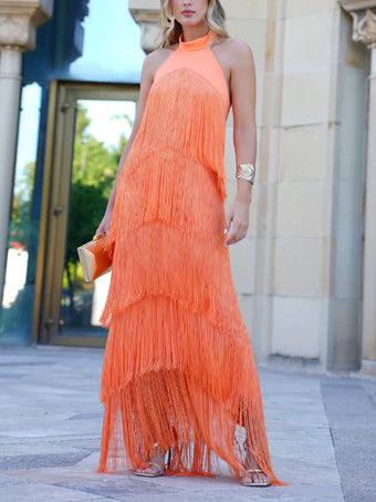 Aurohaya Elegant Halter Neck Tassel Party Maxi Dress Orange