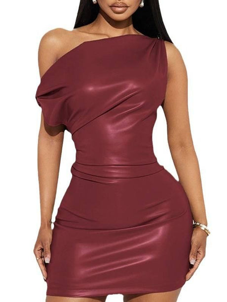Aurohaya Imitation Leather Skew Shoulder Kink Fold Mini Dress