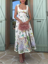 Exquisite Fantasy Floral Print Lace-up Maxi Dress