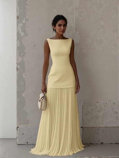 Aurohaya Elegant Pleated Classic Boat Neck Pleated Maxi Dress Yellow