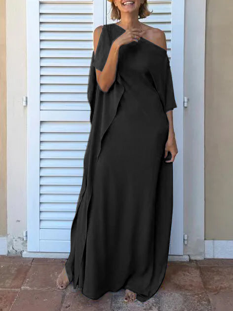 Aurohaya Elegant One-Shoulder Draped Maxi Dress Black